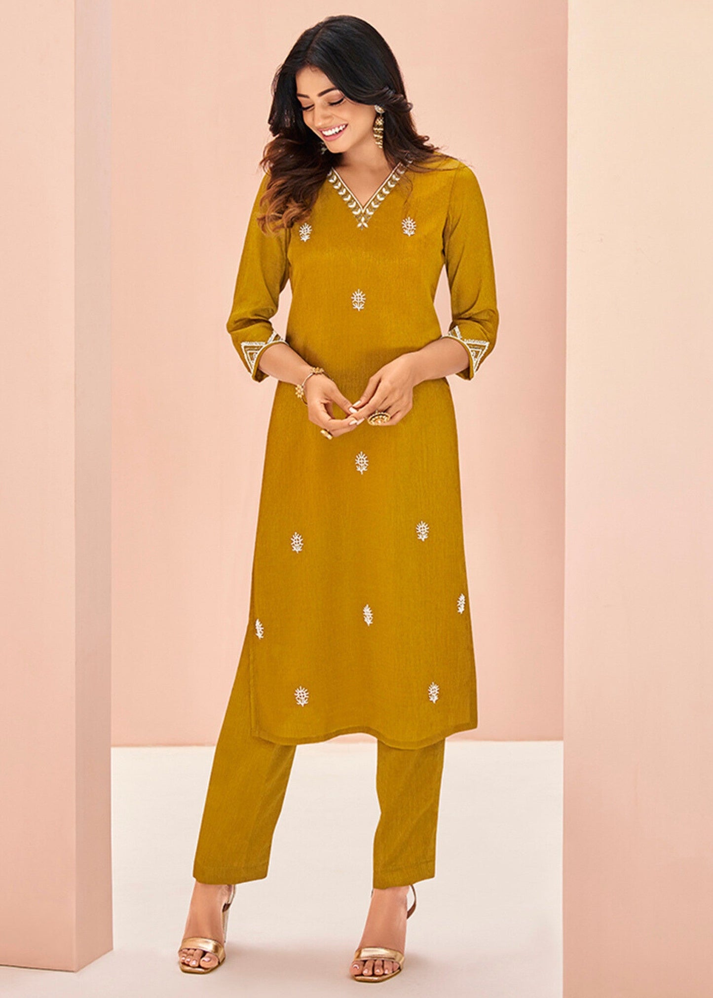 Chinon Mustard Handwork Kurta with Trouser