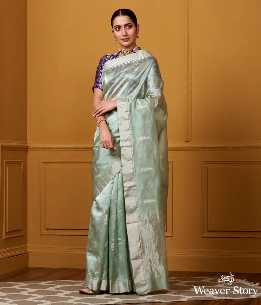 Handwoven Light Green Silver Zari Motif Silk Saree