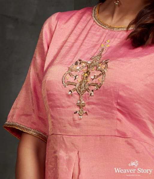 Hand front boota embroidered tissue silk suit in pink color with brocade palazzo