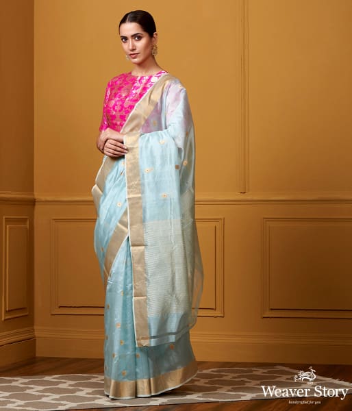 Handwoven Sky Blue Small Asharfi Boota Saree With Red Meena