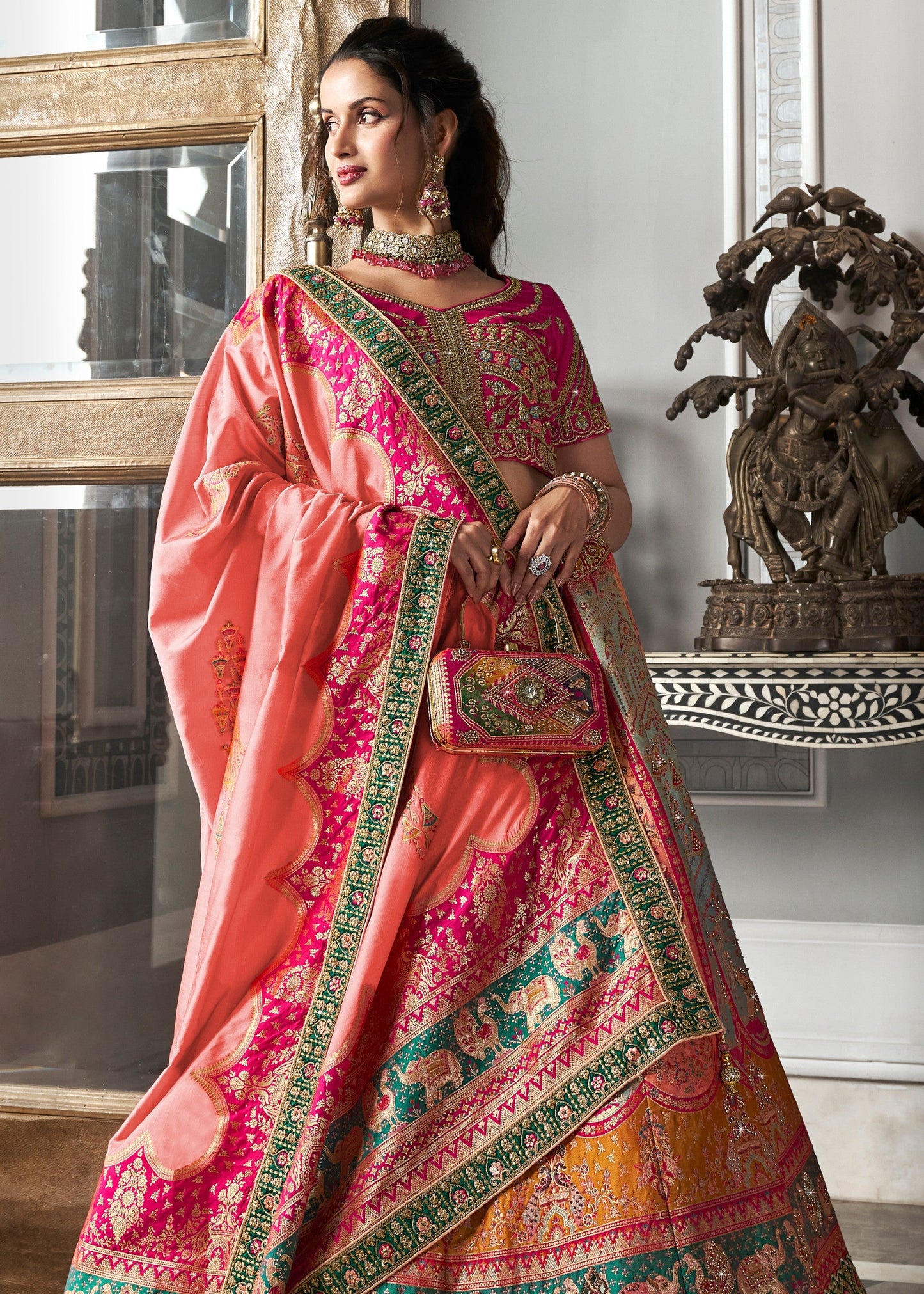 Peach & Pink Banarasi Silk Lehenga with Zarkan Codding work