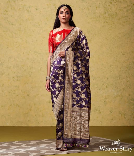 Handwoven Dark Purple Kadhwa Jangla Saree with Meenakari
