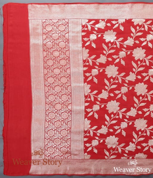 Handwoven Red Munga Silk Dupatta with Cutwork Jaal