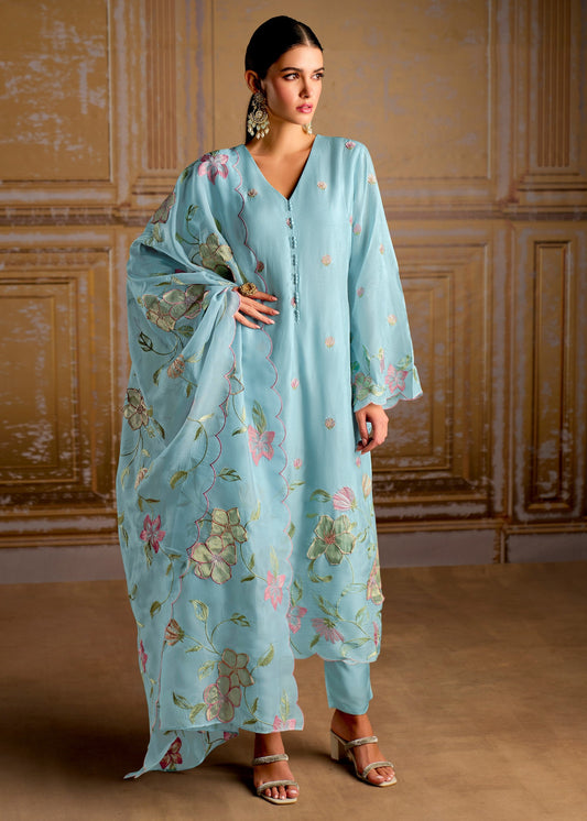 Blue Pure Bamber Silk with Resham Embroidery Salwar Suit