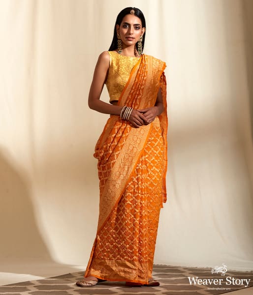 Handwoven Banarasi Bandhej Saree in Orange