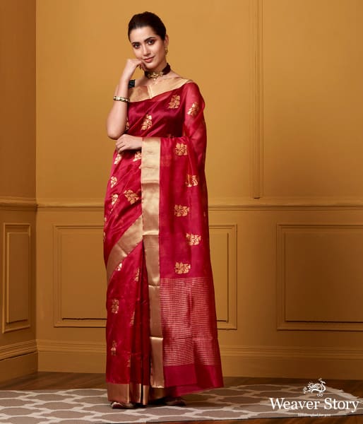 Handwoven Red Floral Boota Saree with Gold Zari Border