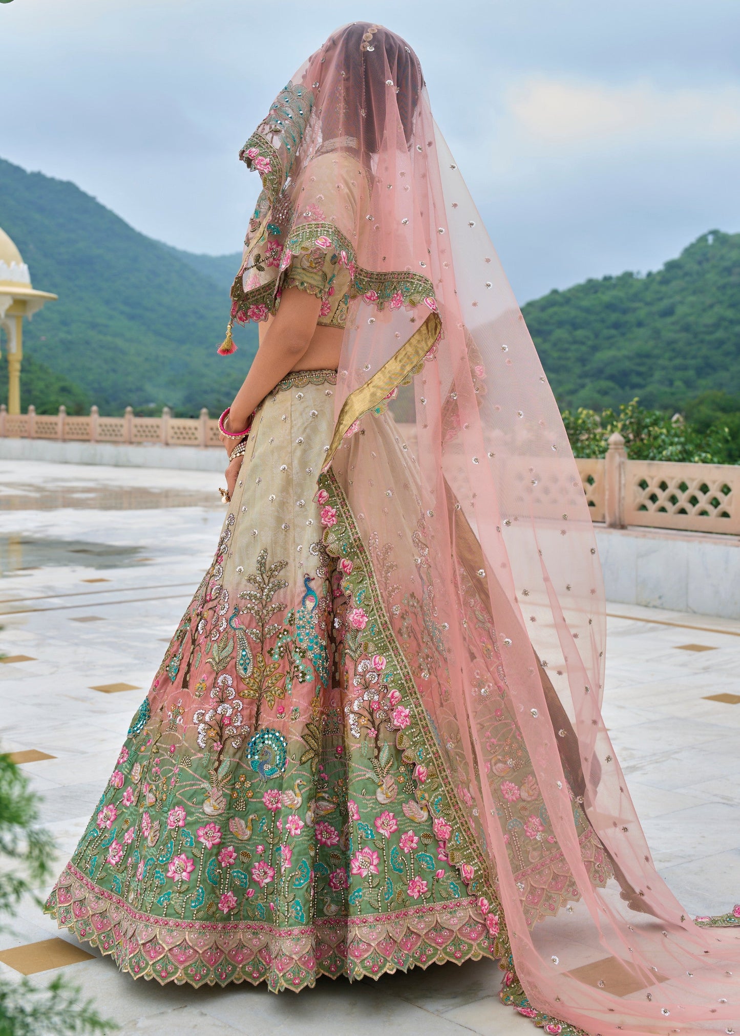 Pista Green and peach Viscose Tissue Lehenga Choli with Embroidery Work