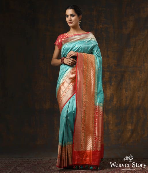 Handwoven Light Blue Kadhwa Boota with Orange Border