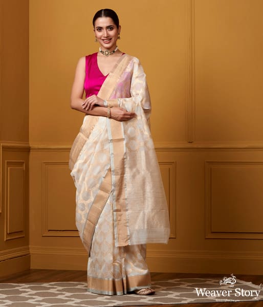 Handwoven White Mercerised Jangla Saree