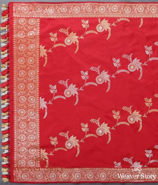 Handwoven Red Kadhwa Jangla Dupatta with Sona Rupa Zari