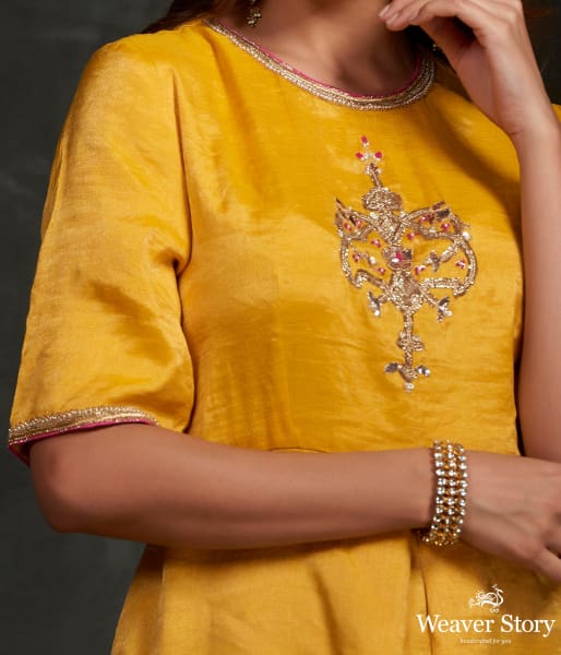 Hand embroidered munga silk suit in mustard color with brocade palazzo