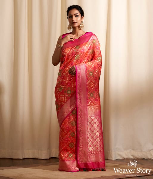 Handwoven Orange Banarasi Patola Saree with Pink Border