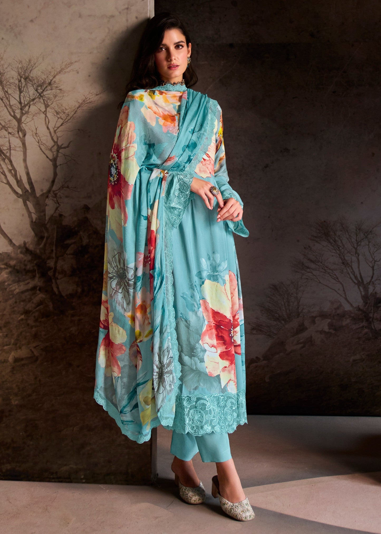 Blue Pure Muslin with Digital Print Salwar Suit