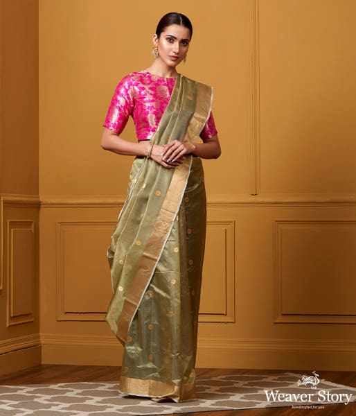 Handwoven Pista Green Small Asharfi Booti Saree With Red Meena