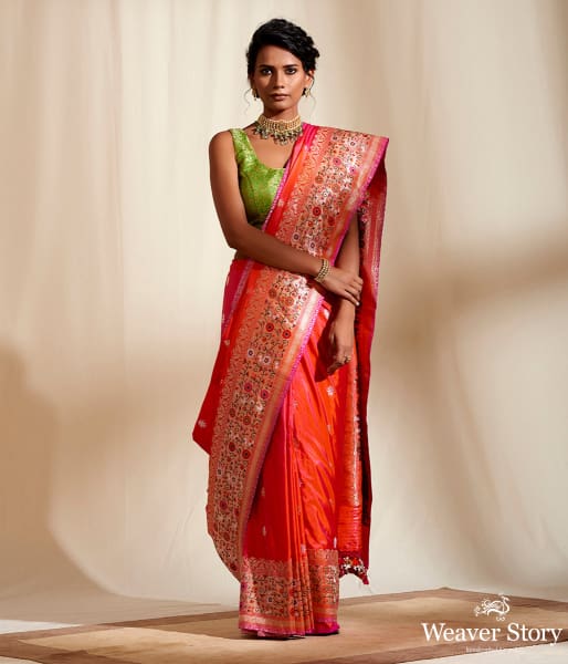 Pink Orange Chautera Border With Gold Silver Trishul Booti