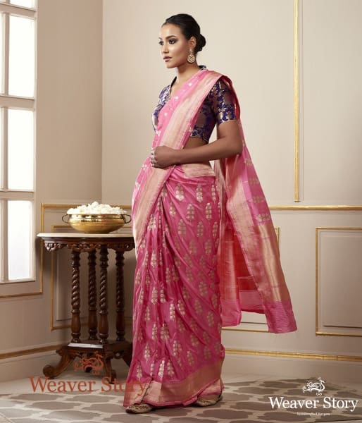 Handwoven Rose Pink Katan Silk Banarasi with SOna Rupa Zari Boota