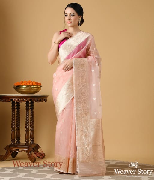 Handwoven Kora Silk Saree in Blush Pink Color