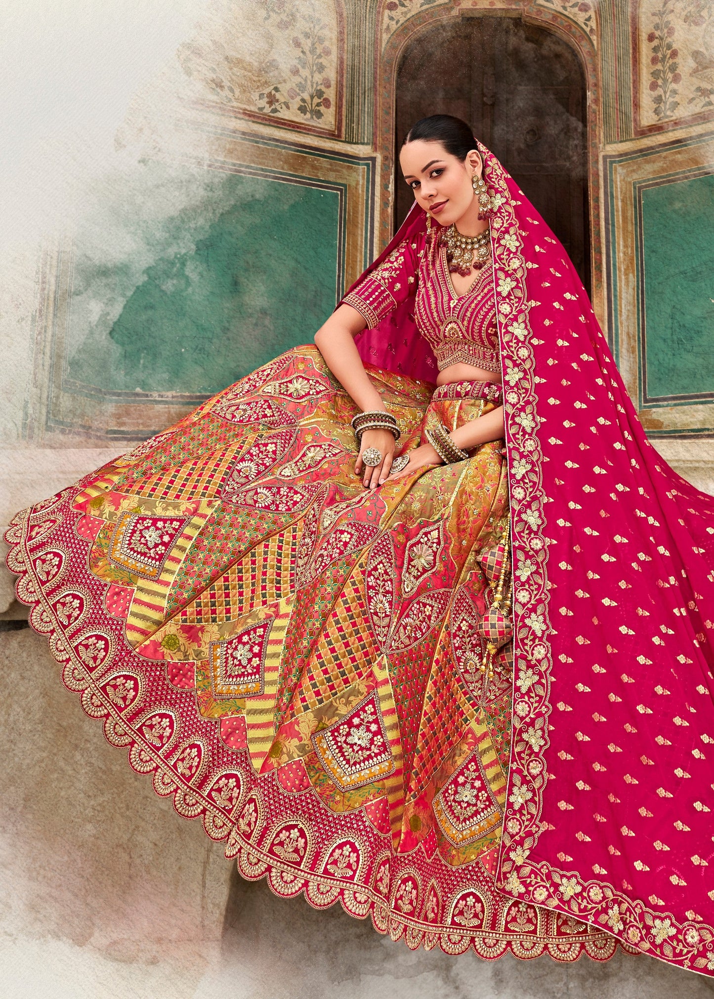 Pink & Chartreuse Green Banarasi Silk Lehenga Choli with Zarkan, Sequence and Thread Work