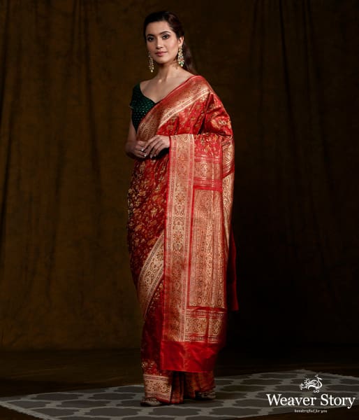 Handwoven Offwhite and Red Gharchola Saree