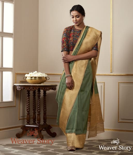 Handwoven Pista Green Pashmina Saree