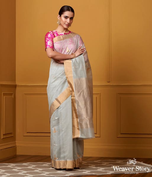 Handwoven Grey Bird Motif Saree
