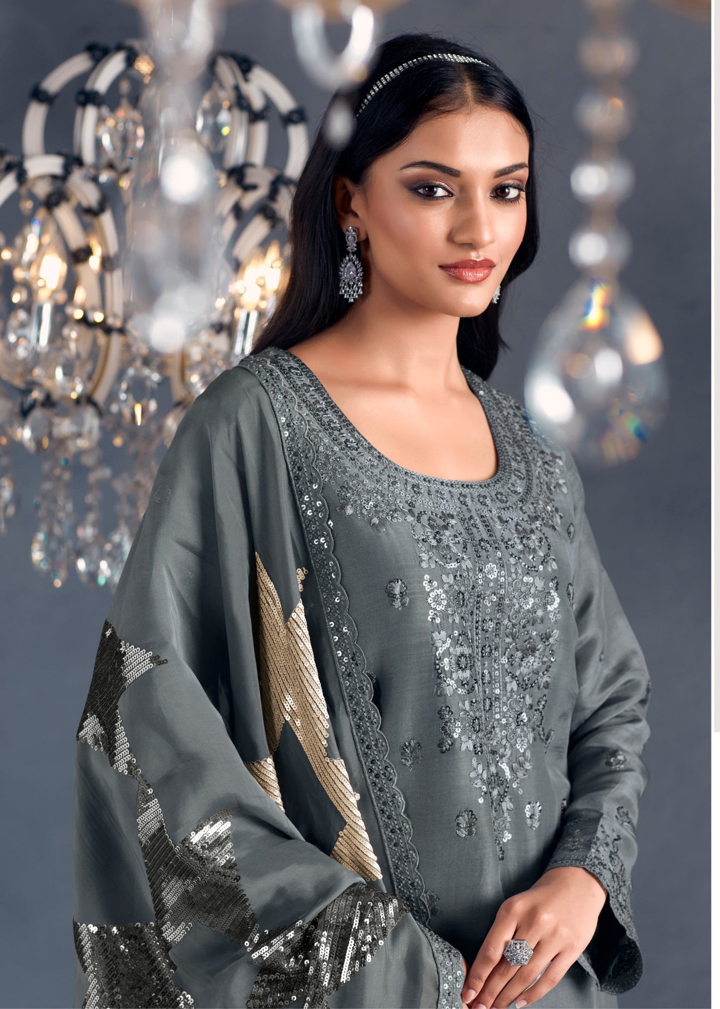 Grey Hazel Russian Silk Sequins Salwar Suit