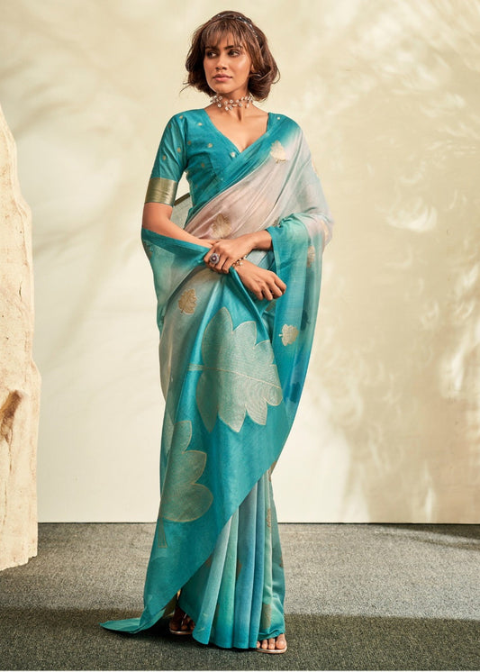 Turquoise Blue Handloom Khadi Silk with Digital Print