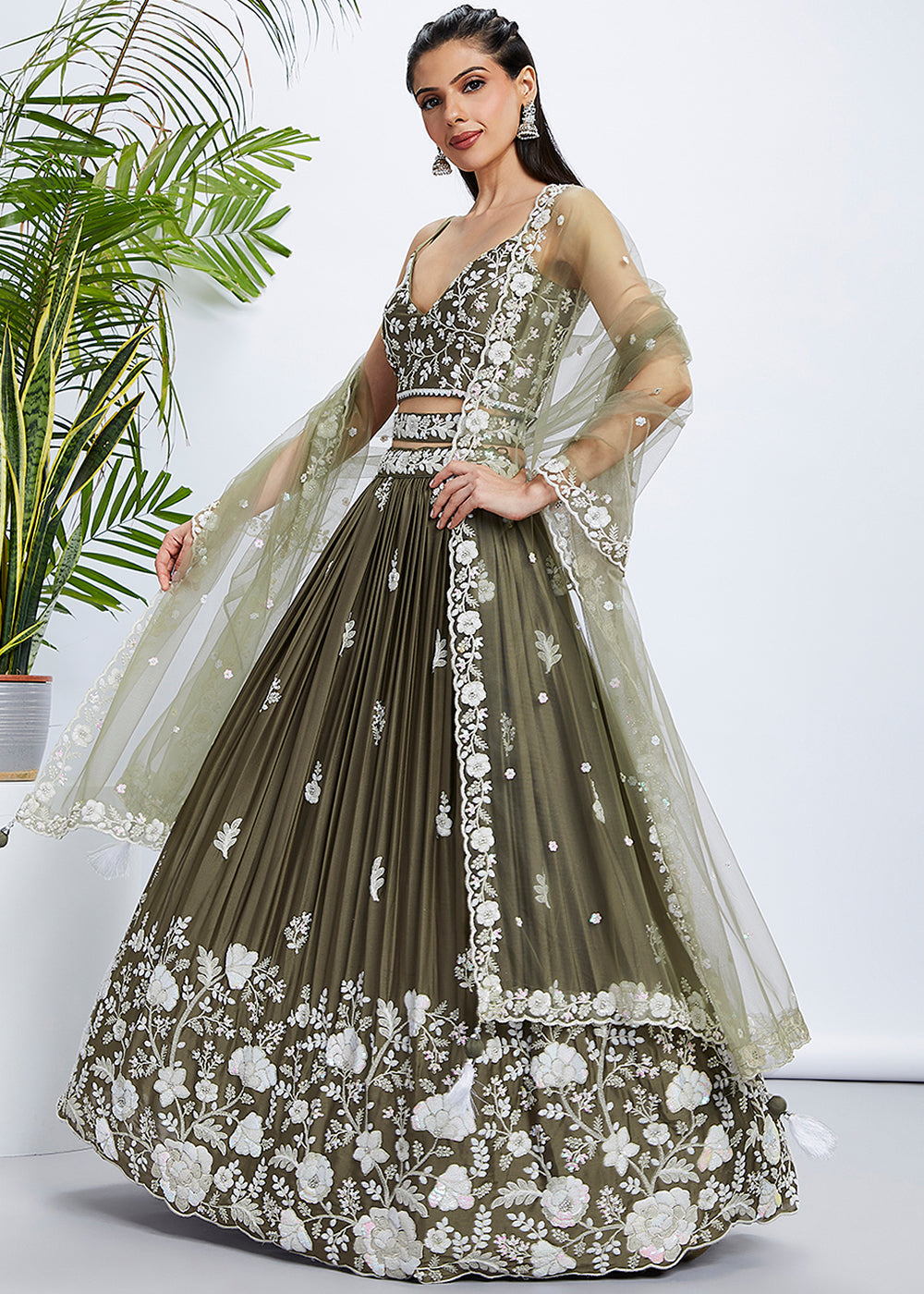 Olive Green Georgette Lehenga Choli with Sequins & Thread Embroidery work