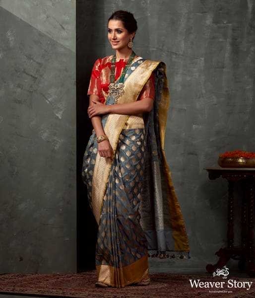 Handwoven Grey Cutwork Booti Saree with Yellow Selvedge