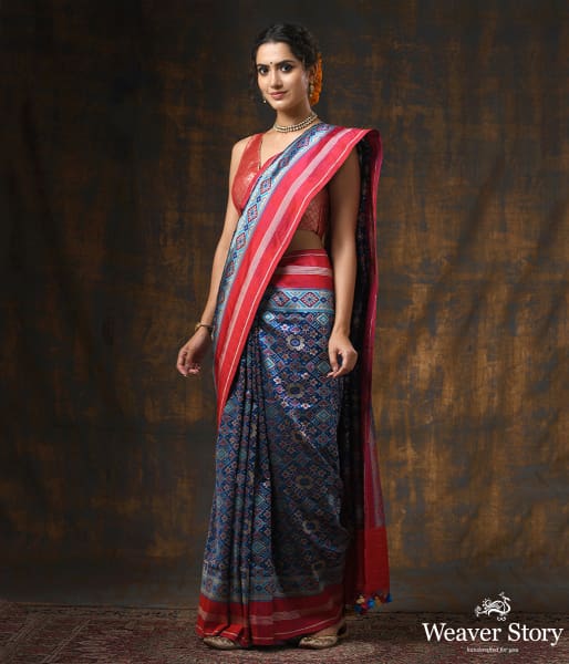 Handwoven Blue 5 Color Patola with Red Border