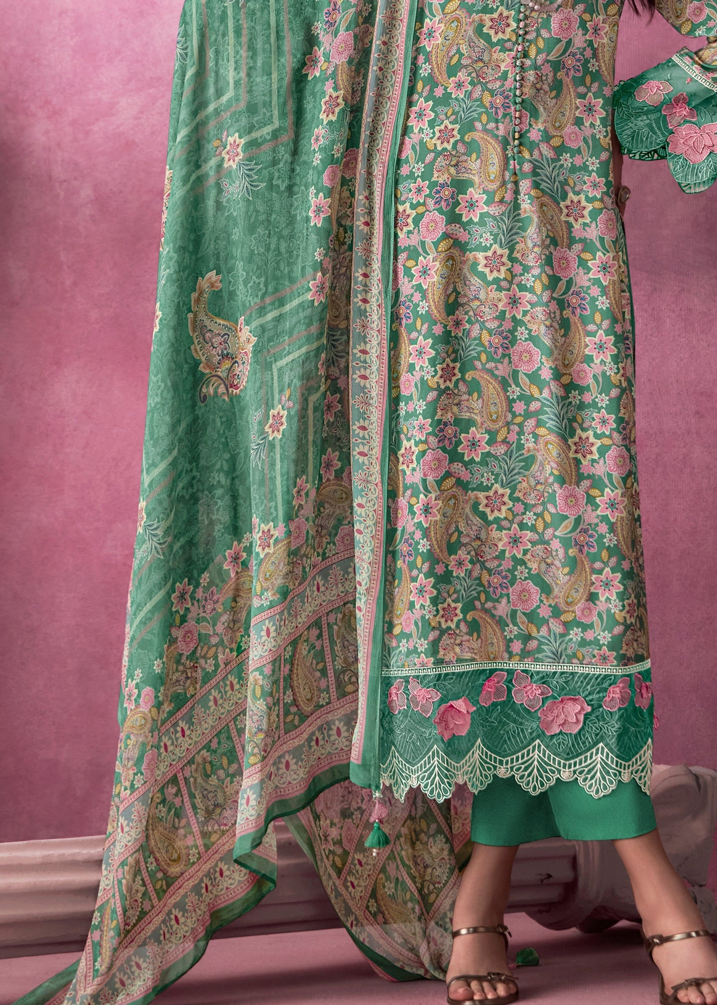 Green Multicolour Pure Muslin Salwar Suit