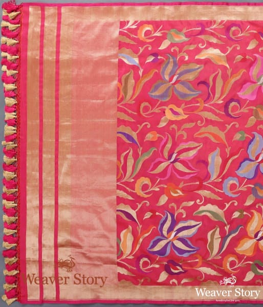 Handwoven Rani Pink Cutwork Kimkhab Dupatta with Meenakari