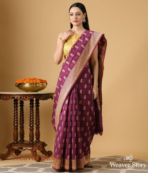 Handwoven Phalsa Color Banarasi Cotton Saree