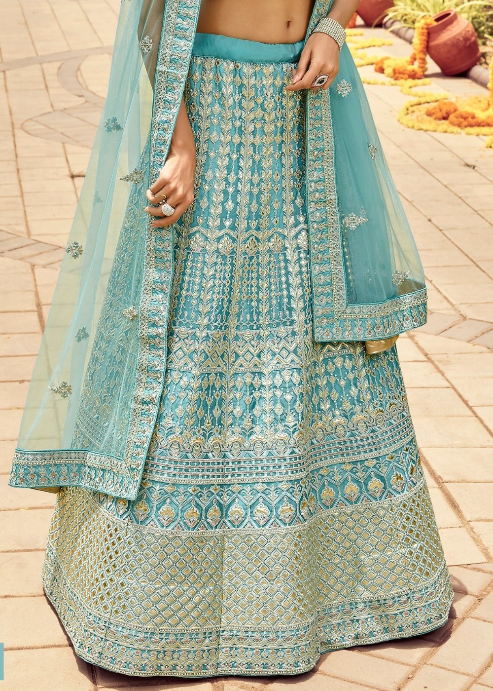 Light Turquoise Blue Organza Lehenga Choli with Zarkan,Gota,Zari & Resham work