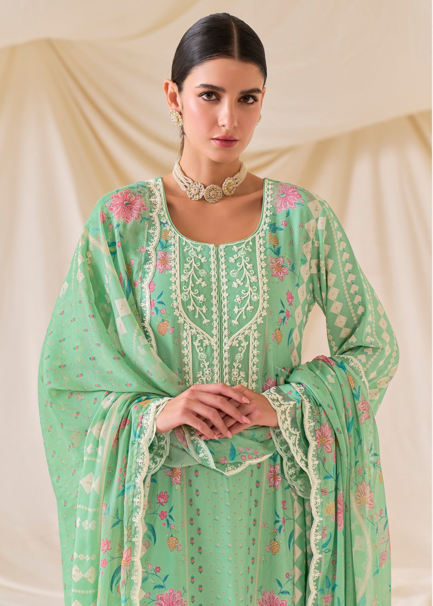 Green Pure Muslin Salwar Suit with Dori Embroidery