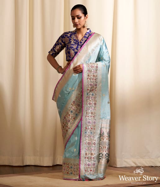 Handwoven Light Blue Trishul Boota Saree with Pachhera Border in Pink