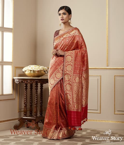 Handwoven Red Kimkhab Saree with Meenakari