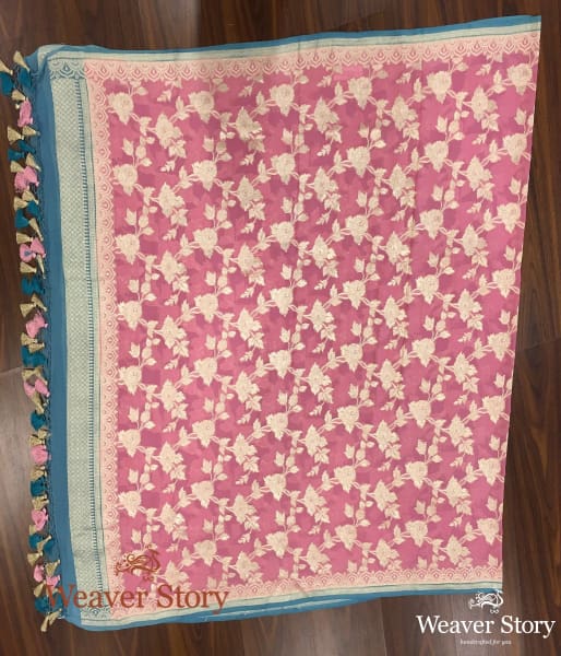 Handwoven Pink Banarasi Georgette Dupatta with Blue Borders
