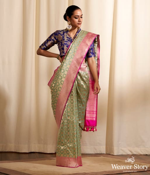 Handwoven Light Green Phulkari Pattern Saree with Pink Border
