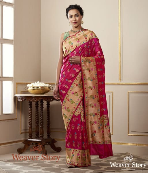 Handwoven Rani Pink with Meenakari, Konia, Real Zari Saree
