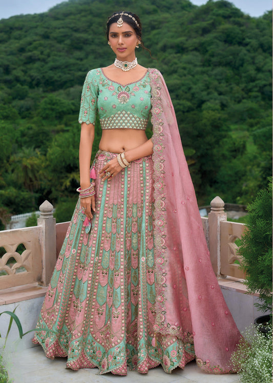 Mint Green and Pink Viscose Tissue Lehenga Choli with Embroidery Work