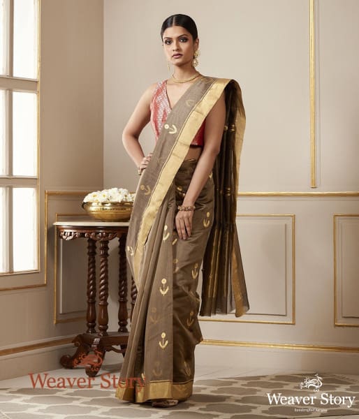 Handwoven Brown Saree with Small Floral Motif