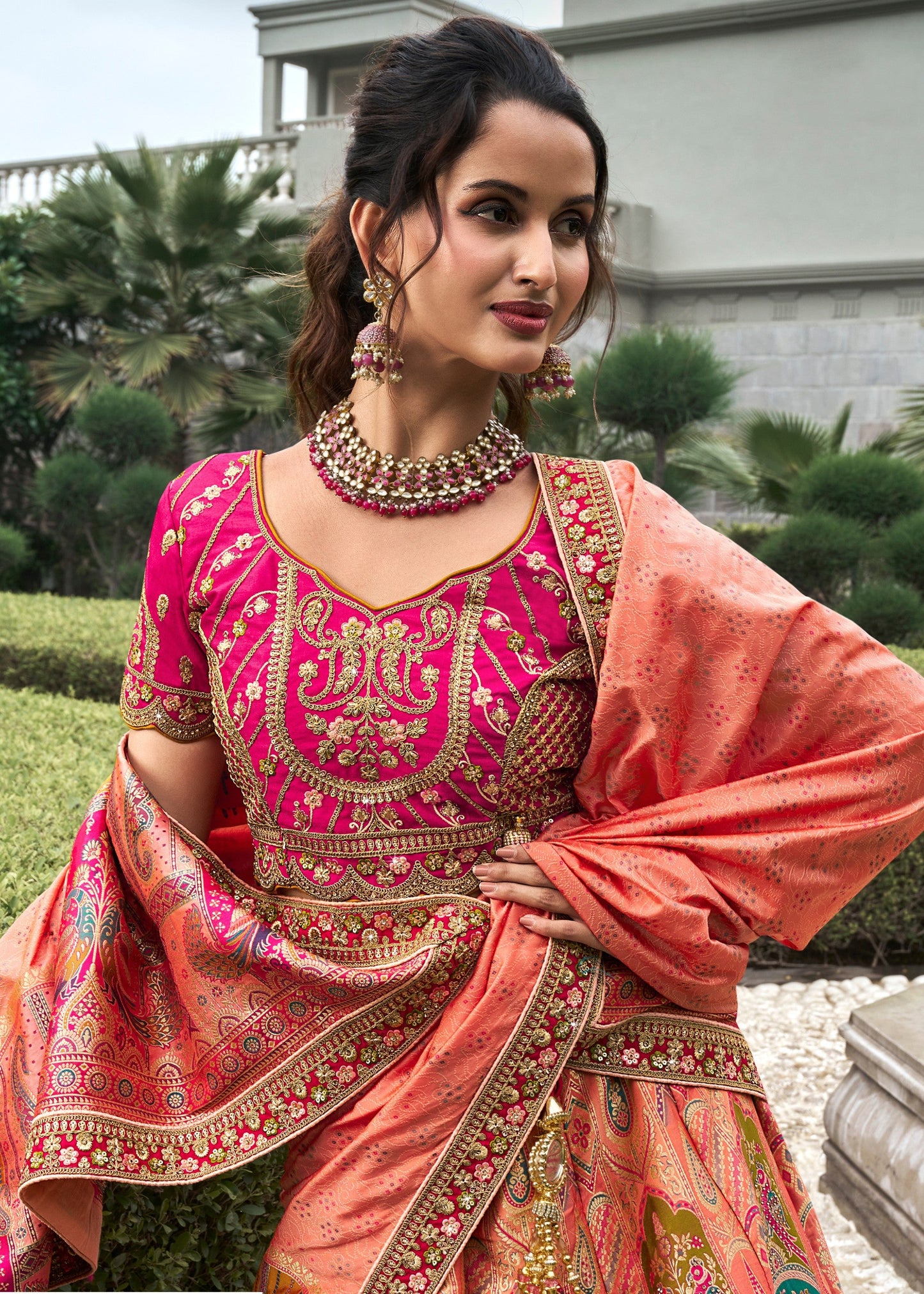 Orange & Pink Banarasi Silk Lehenga with Zarkan Codding work