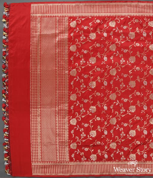Handwoven Red Banarasi Cutwork Jangla Dupatta