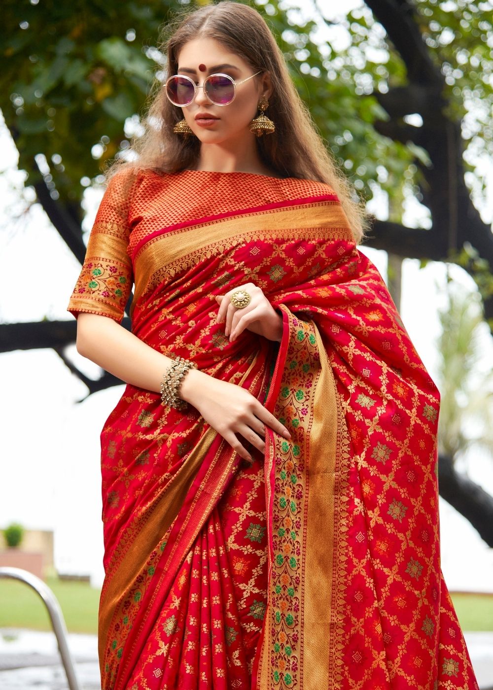 Tomato Red Woven Banarasi-Patola Silk Saree