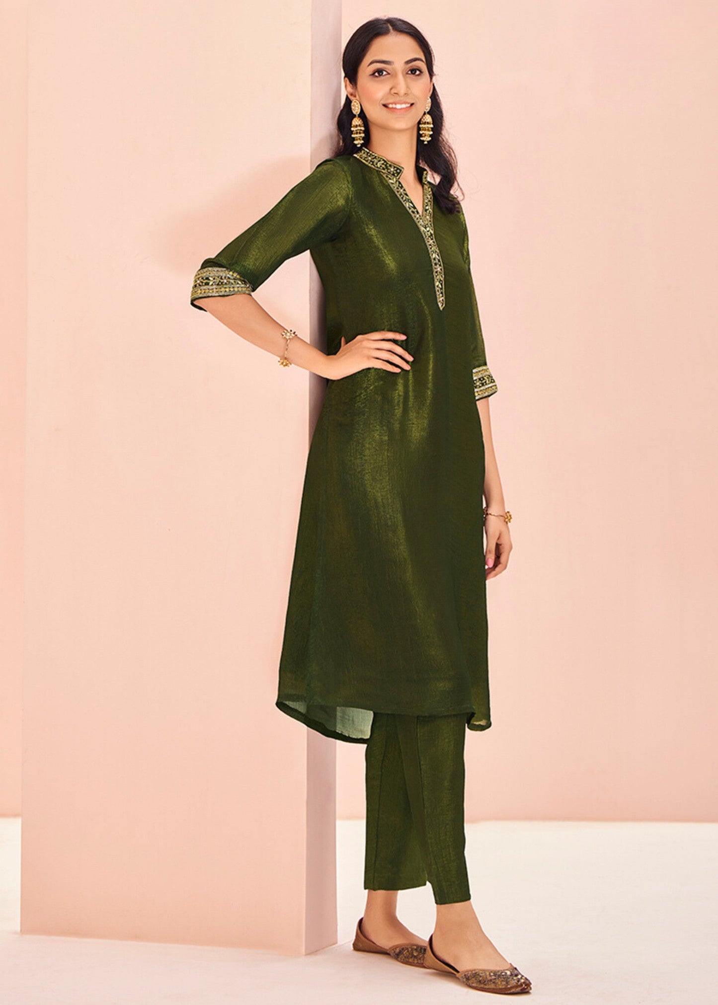 Olive Organza Handwork Kurta with Pant