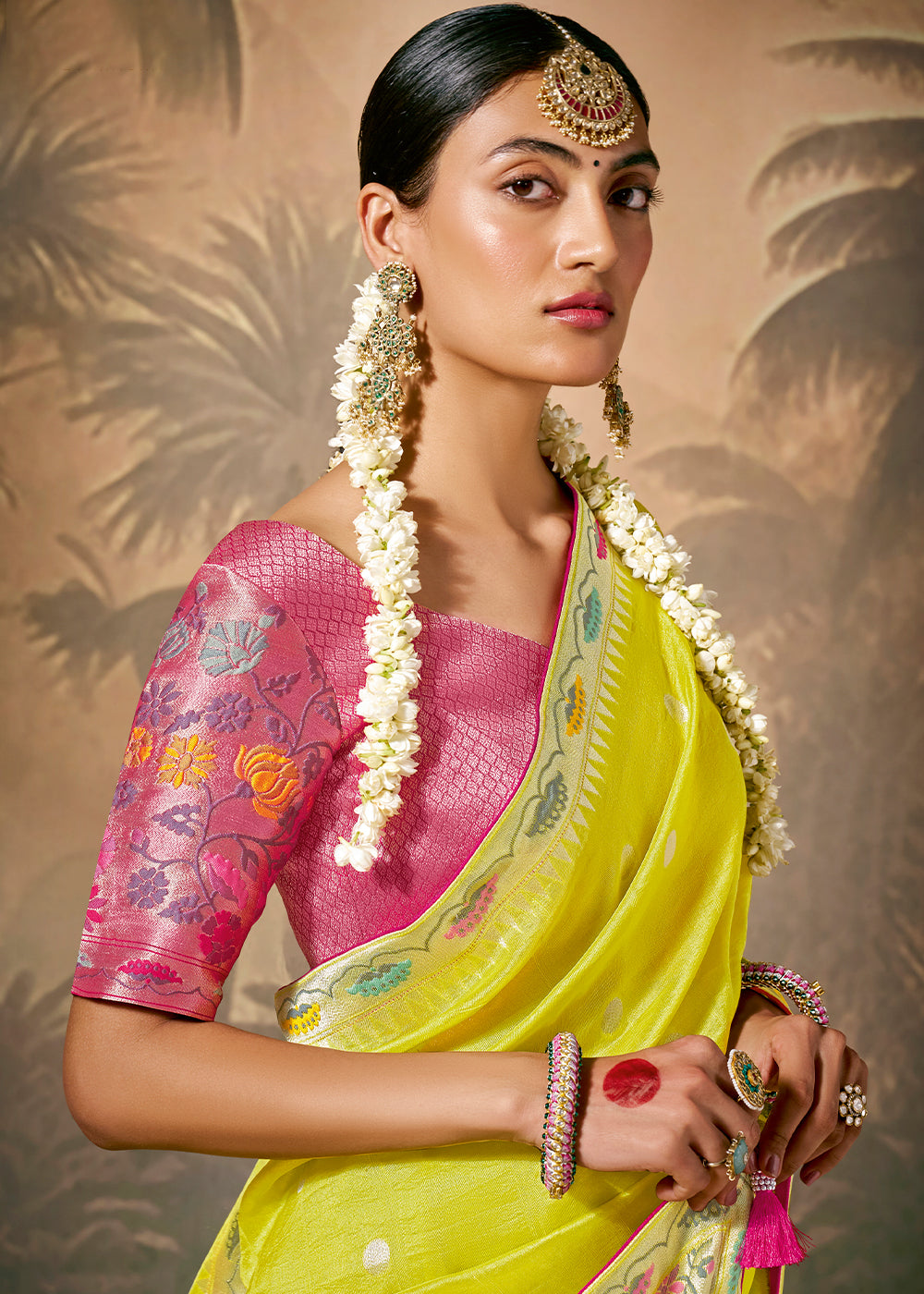 Lemon Yellow Munga Silk Saree with Zari work & Woven with Resham in Floral Motifs