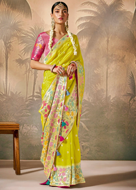 Lemon Yellow Munga Silk Saree with Zari work & Woven with Resham in Floral Motifs