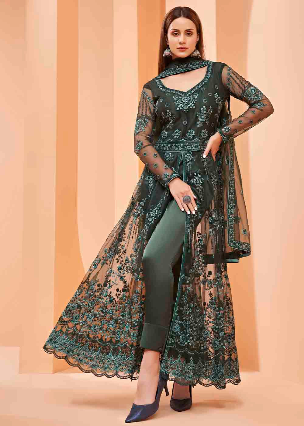 Dark Green Slit Net Cut Lehenga Suit with Embroidery