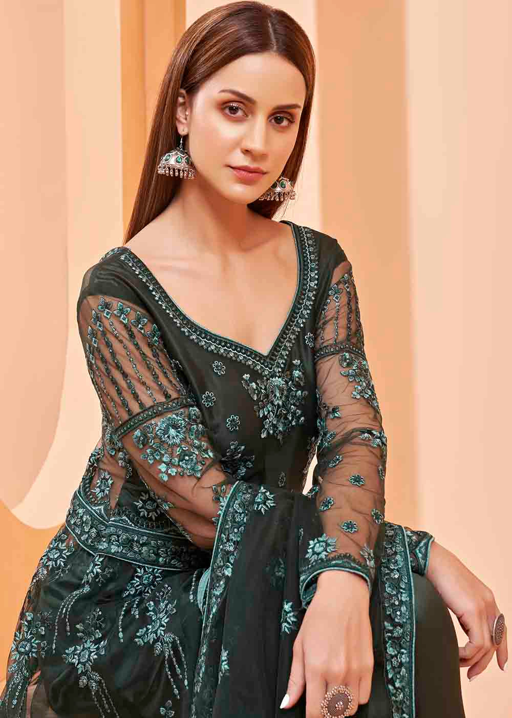 Dark Green Slit Net Cut Lehenga Suit with Embroidery